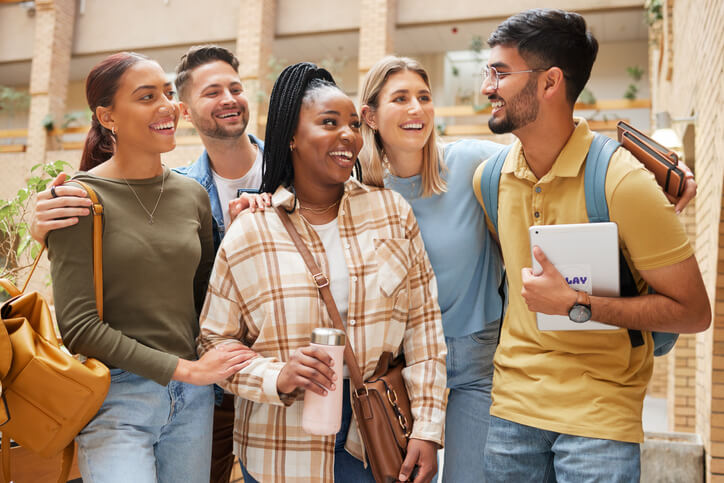 International students gathered in conversation at school.