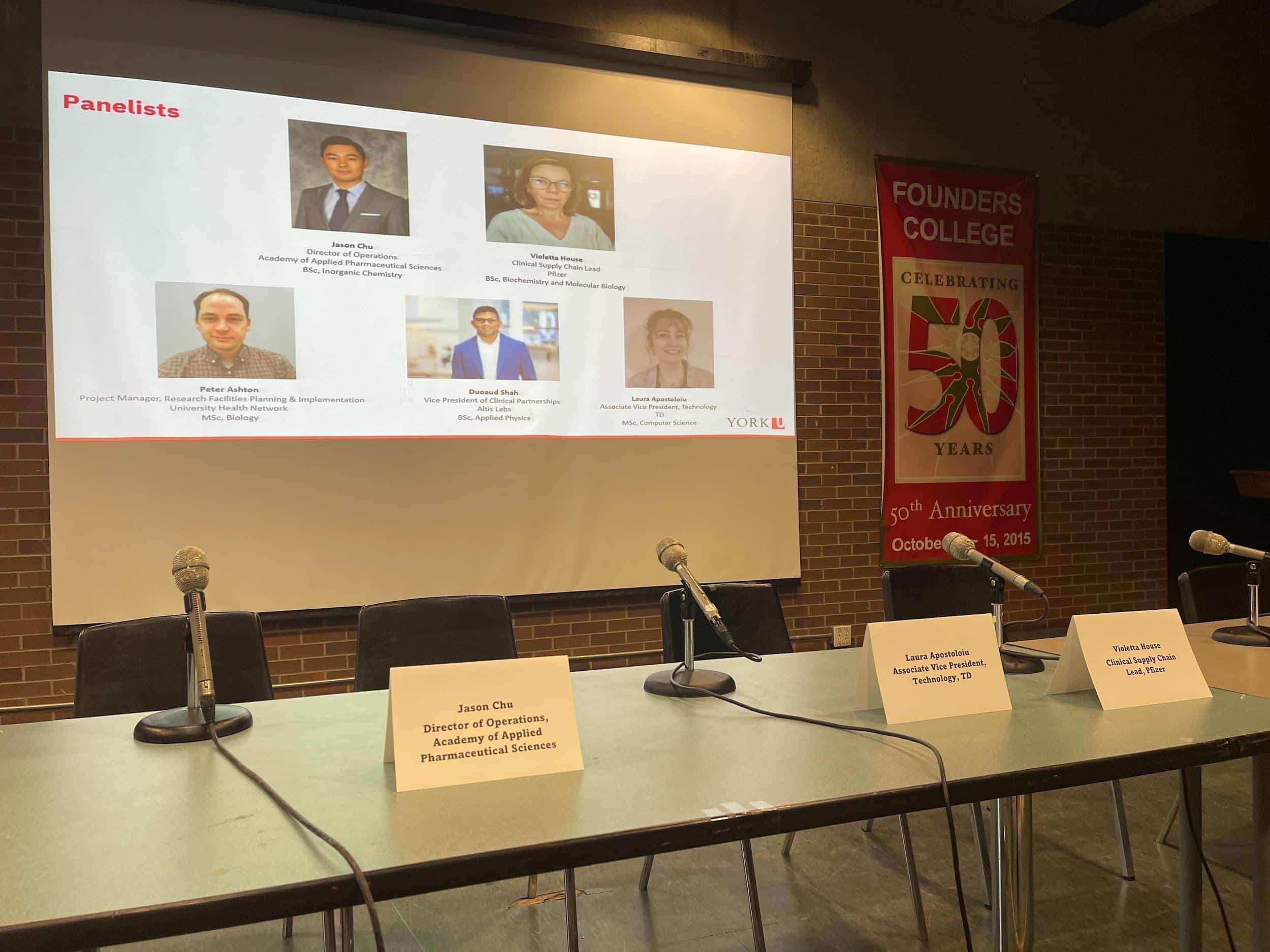 The lineup of panelists at YorkU’s Panel Discussion for pharma careers.